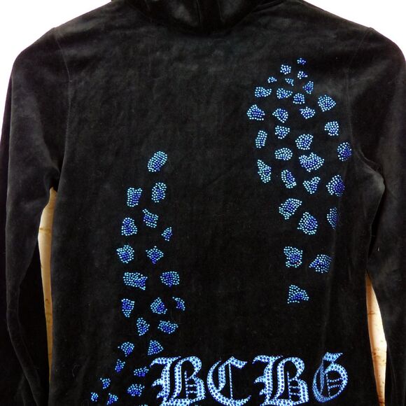 Vtg BCBGMAXAZRIA Y2K Velour Hoodie Track Jacket S Black Rhinestone Animal Spots - Picture 11 of 14